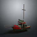Vintage Style Boat Model With Red Green Hull Tall Mast And Small Cabin