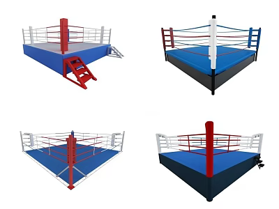 Professional Boxing Ring With Red White Ropes Blue Platform And Corner Ladder 3d model
