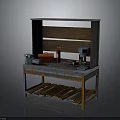 Industrial Workbench With Metal Frame Wooden Pallet Shelves Red Fire Extinguisher Blue Machine And Boxes