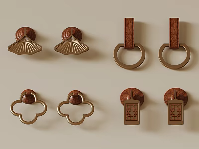 Stylish Wooden And Metal Door Handles With Various Decorative Shapes And Designs 3d model