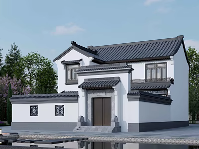 Traditional Chinese Style Detached Villa With Black Tiled Roof And White Walls 3d model