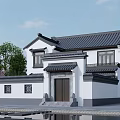 Traditional Chinese Style Detached Villa With Black Tiled Roof And White Walls