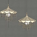 Decorative Golden Dome Shaped Chandeliers With Frame Structure On Beige Background 3d model