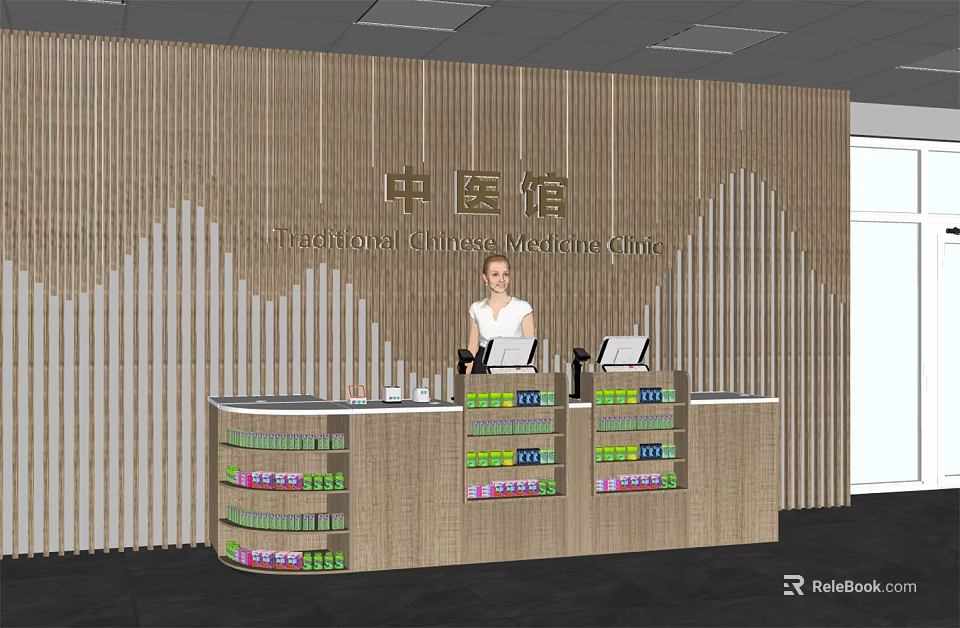 Traditional Chinese Medicine Store with Reception Desk and Medicine Display Cabinets 3d model 
