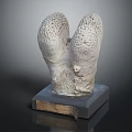 Gray White Porous Sculpture On Black Base With Wooden Edge Detail