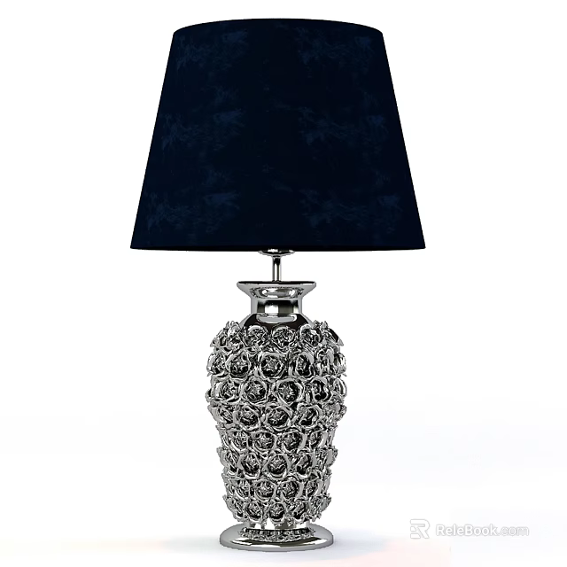 Silver Rose Pattern Table Lamp With Dark Blue Velvet Shade For Home Decor 3d model