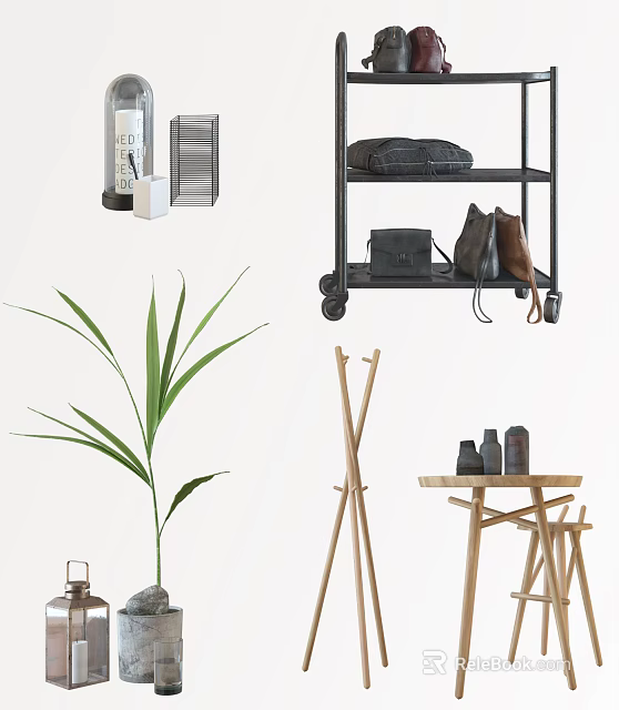 Decorative Ornaments Set With Green Plant Black Metal Shelf Wooden Coat Rack Table And Vases 3d model 