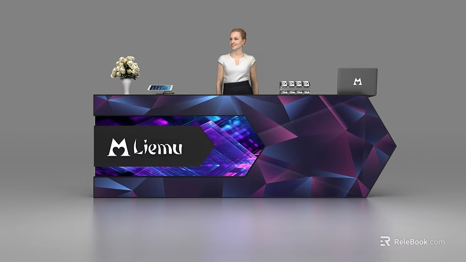 Modern Reception Desk With Purple Blue Geometric Patterns Liemu Logo Vase Laptop Documents And Receptionist 3d model 