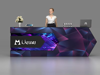 Modern Reception Desk With Purple Blue Geometric Patterns Liemu Logo Vase Laptop Documents And Receptionist 3d model