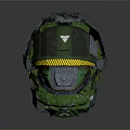 Futuristic Green Armored Helmet With Weathered Surface And Yellow Stripe Design