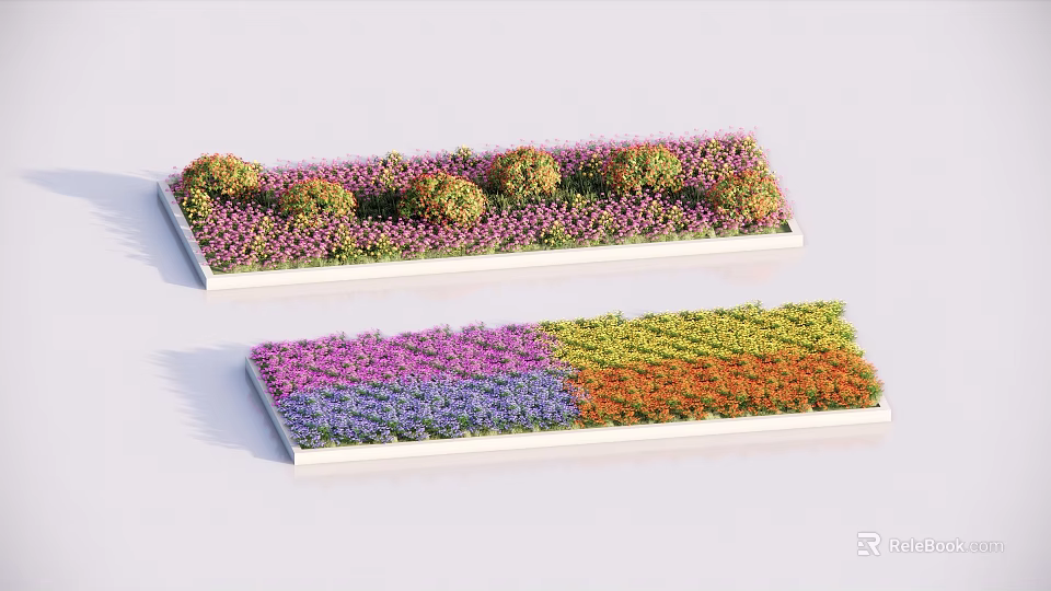 Colorful Flower Planters With Mixed Purple Yellow Pink Flowers And Green Shrubs 3d model 