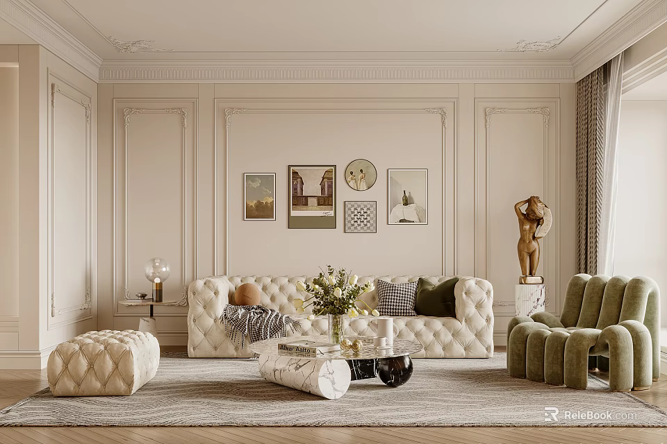 Classic Living Room Interior With Decorative Wall Panels Framed Artworks Clock Tufted Sofa And Sculpture 3d model 