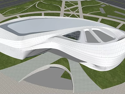 Contemporary White Curved Architecture Design With Green Lawn And Surrounding Roads 3d model