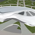Contemporary White Curved Architecture Design With Green Lawn And Surrounding Roads
