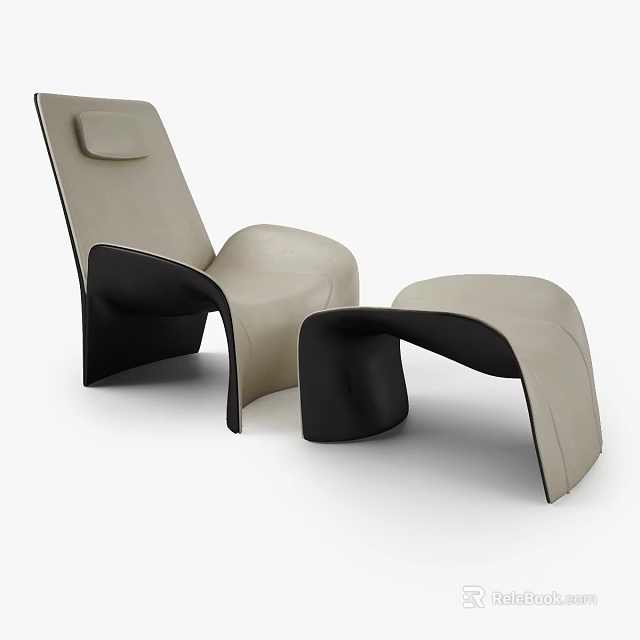 Modern Beige And Black Leather Leisure Chair With Matching Ottoman Design 3d model 