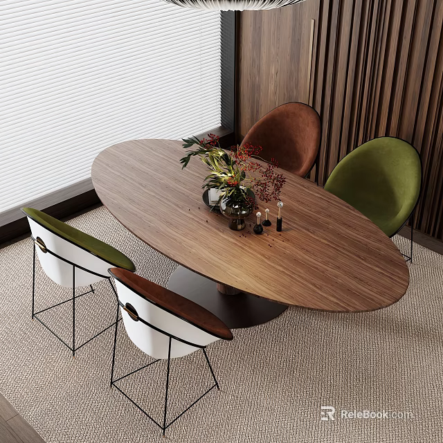 Oval Wooden Dining Table With Brown Green White Chairs And Flower Decorations In Modern Room 3d model 
