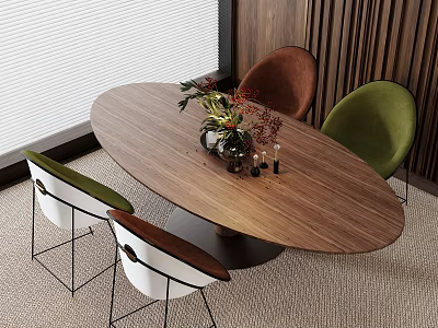 Oval Wooden Dining Table With Brown Green White Chairs And Flower Decorations In Modern Room 3d model