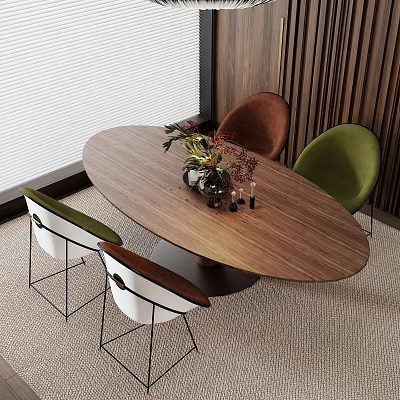 Oval Wooden Dining Table With Brown Green White Chairs And Flower Decorations In Modern Room 3d model