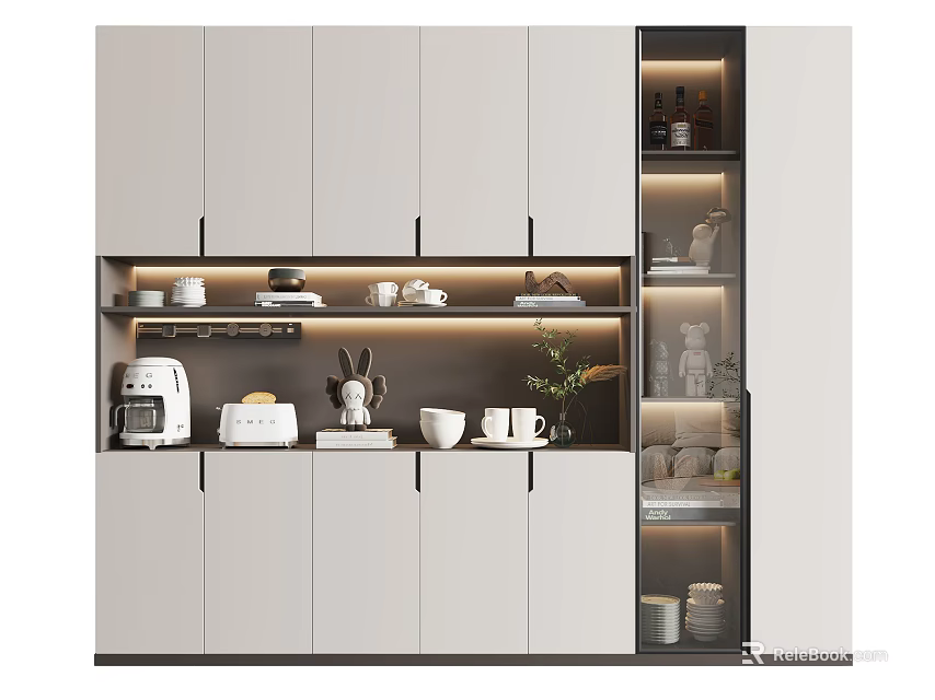 Modern Minimalist Wine Cabinet With White Cabinetry Glass Doors LED Lighting And Display Shelves 3d model 