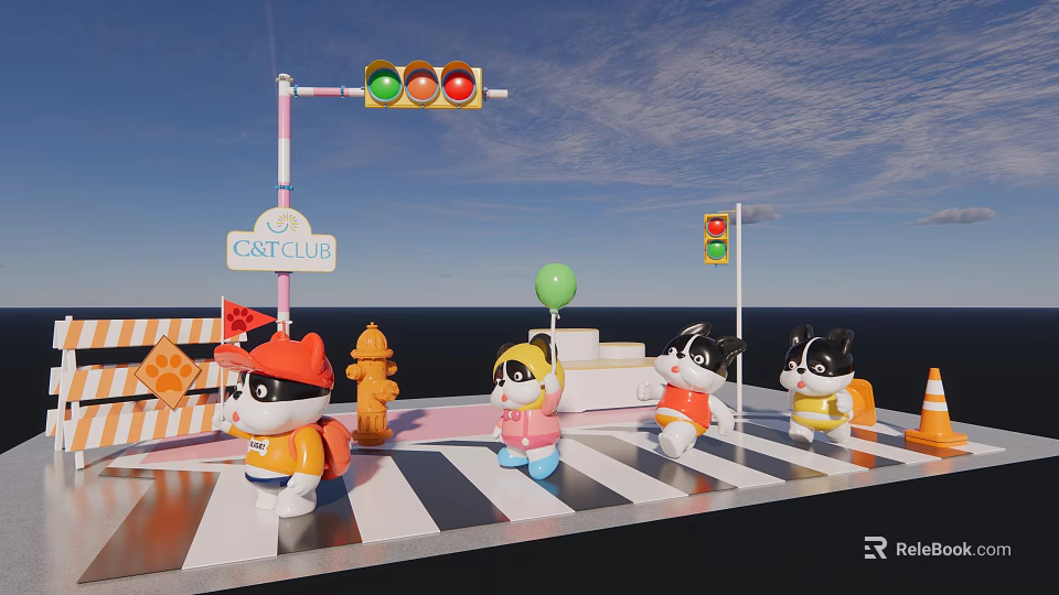 Cartoon Cats Themed Photo Spot With CAT CLUB Sign Traffic Lights Zebra Crossing And Balloons 3d model 