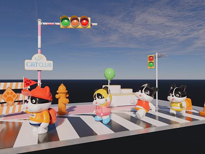 Cartoon Cats Themed Photo Spot With CAT CLUB Sign Traffic Lights Zebra Crossing And Balloons 3d model