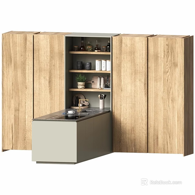 Wood Toned Modern Kitchen Cabinets With Open Storage And Countertop 3d model