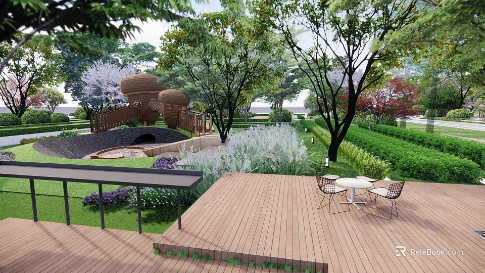 Serene Garden Landscape With Wooden Deck Outdoor Seating Trees And Lush Plants 3d model 