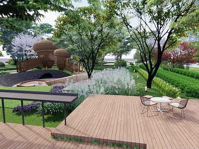 Serene Garden Landscape With Wooden Deck Outdoor Seating Trees And Lush Plants 3d model