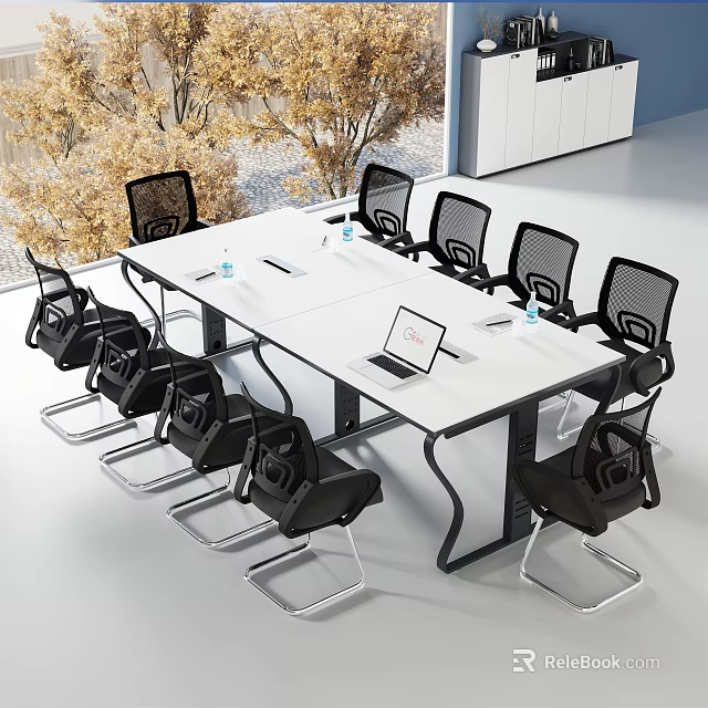 Modern Conference Table With Black Office Chairs Laptop And Water Bottles In Bright Office 3d model 