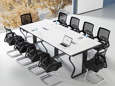 Modern Conference Table With Black Office Chairs Laptop And Water Bottles In Bright Office 3d model
