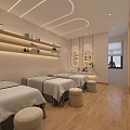 Modern Beauty Salon Interior With Sofa Table Chairs Massage Bed And Product Shelves