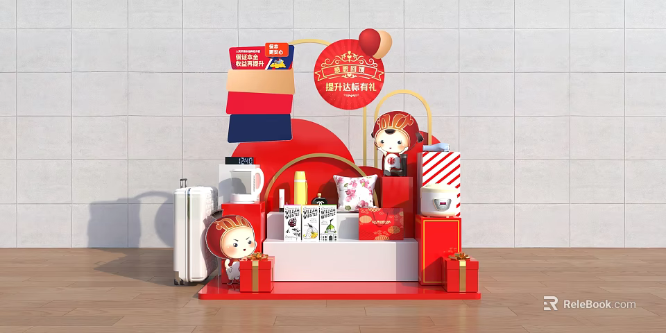 New Year Promotion Display With Festive Dolls Gift Boxes And Red Decorations 3d model 