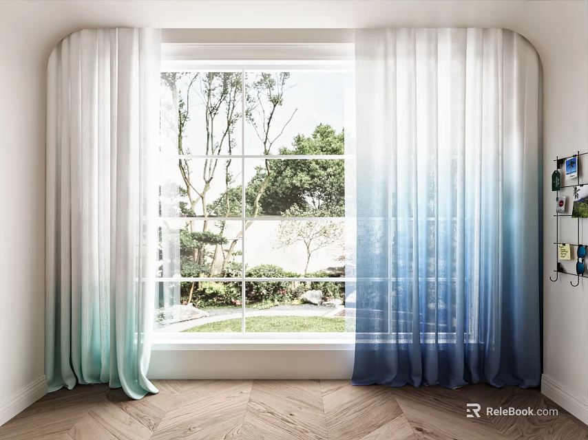 Light To Blue Green Gradient Curtains For Window With Natural Light And Outdoor Green View 3d model 