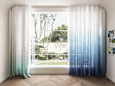 Light To Blue Green Gradient Curtains For Window With Natural Light And Outdoor Green View 3d model