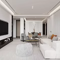 Modern Open Living And Dining Room Interior With TV Wall Bookshelves Sofa Dining Table Chairs