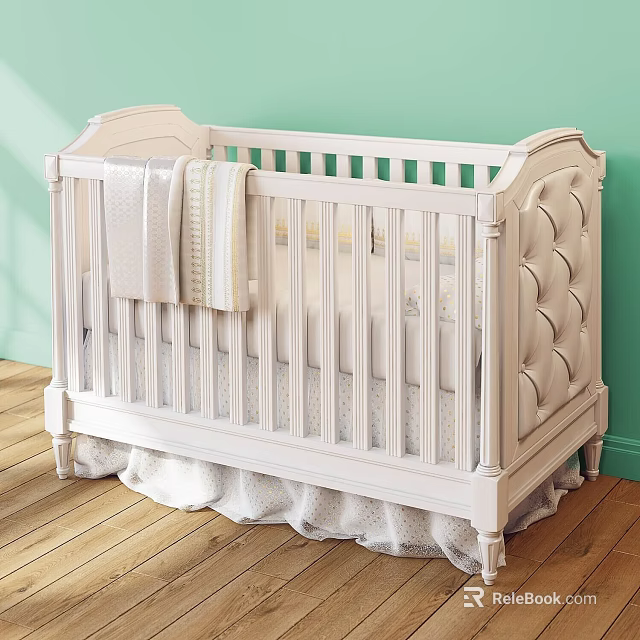 White Baby Crib With Hanging Towels On Green Wall Wooden Floor And Lace Trim 3d model 