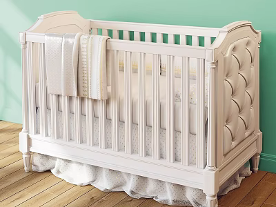White Baby Crib With Hanging Towels On Green Wall Wooden Floor And Lace Trim 3d model