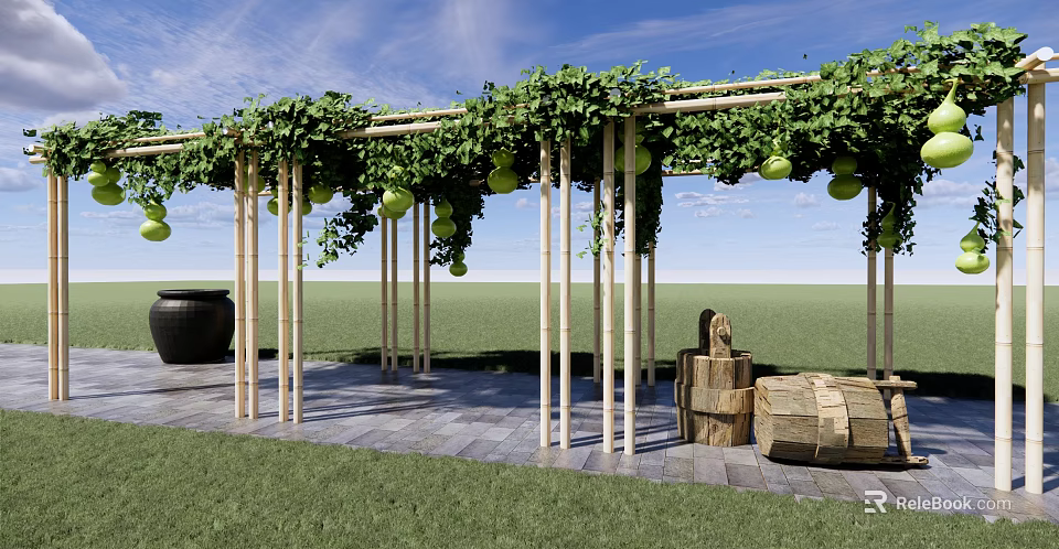 Wooden Pergola With Green Vines Hanging Fruits And Stone Pavement In Garden 3d model 