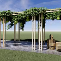 Wooden Pergola With Green Vines Hanging Fruits And Stone Pavement In Garden