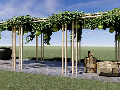Wooden Pergola With Green Vines Hanging Fruits And Stone Pavement In Garden 3d model