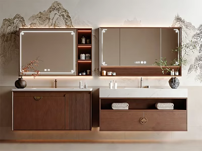 Modern Chinese Style Bathroom Vanity With LED Mirrors Marble Countertop And Storage Cabinets 3d model