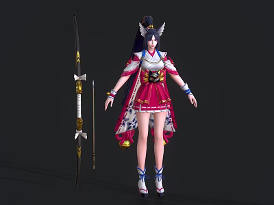 Anime Style Female Character In Traditional Red White Outfit With Ornate Bow And Winged Headdress 3d model