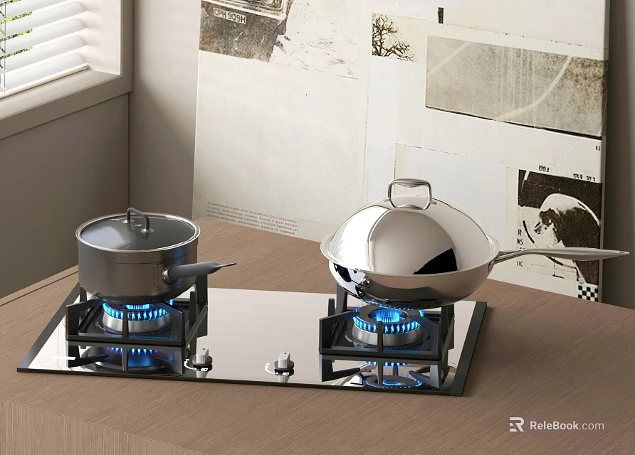 Modern Kitchen Interior With Gas Stove Pots Blue Flames And Wooden Countertop 3d model 