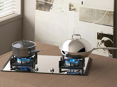 Modern Kitchen Interior With Gas Stove Pots Blue Flames And Wooden Countertop 3d model
