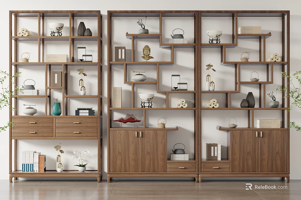 Wooden Antique Display Shelf With Multiple Compartments Storage Drawers And Decorative Ornaments 3d model 
