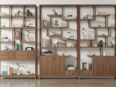 Wooden Antique Display Shelf With Multiple Compartments Storage Drawers And Decorative Ornaments 3d model