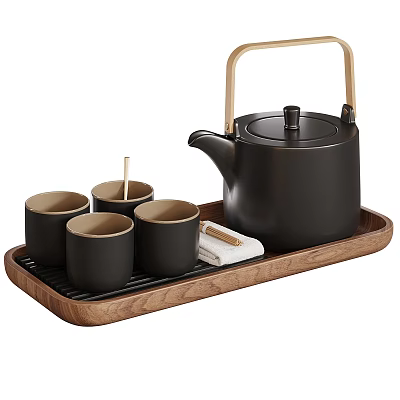 Modern Tableware Set with Black Teapot Wooden Handle and Four Black Cups on Wooden Tray 3d model