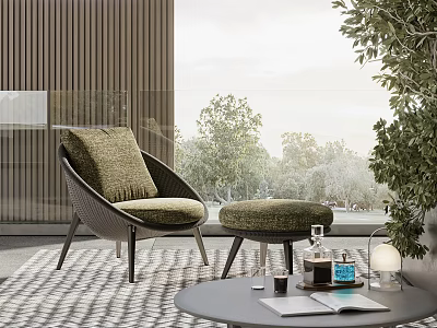 Round Outdoor Table With Wicker Chair Cushioned Seat Plants And Books Near Trees 3d model