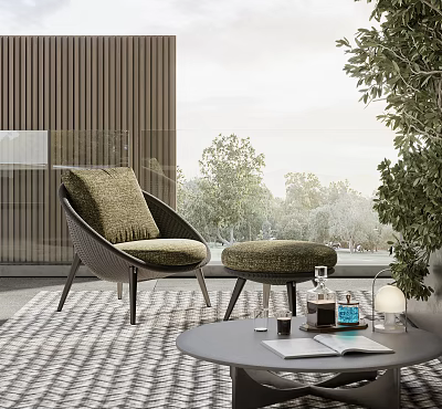 Round Outdoor Table With Wicker Chair Cushioned Seat Plants And Books Near Trees 3d model