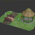 Wooden Octagonal Gazebo And Garden Bridge In Green Grass With Stone Path